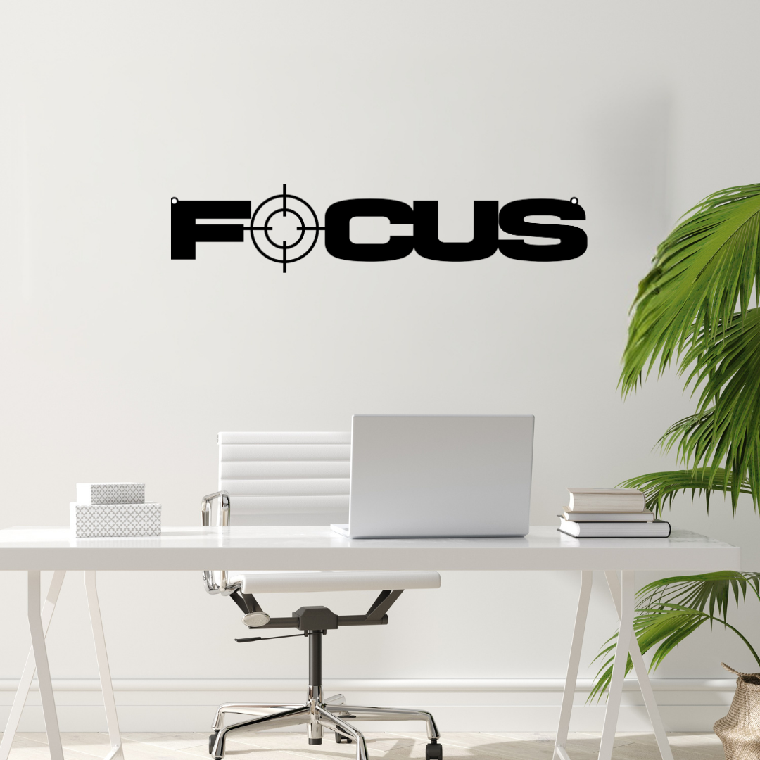 Locked In | Focus Typography Metal Wall Art mounted above a modern office desk.