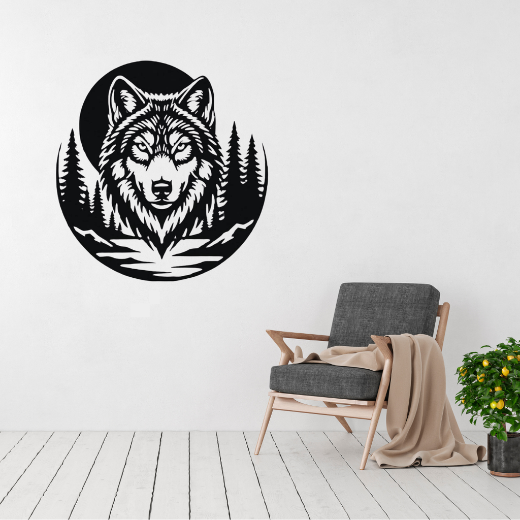 Lone Guardian | Wolf Metal Wall Art displayed in a modern living room.