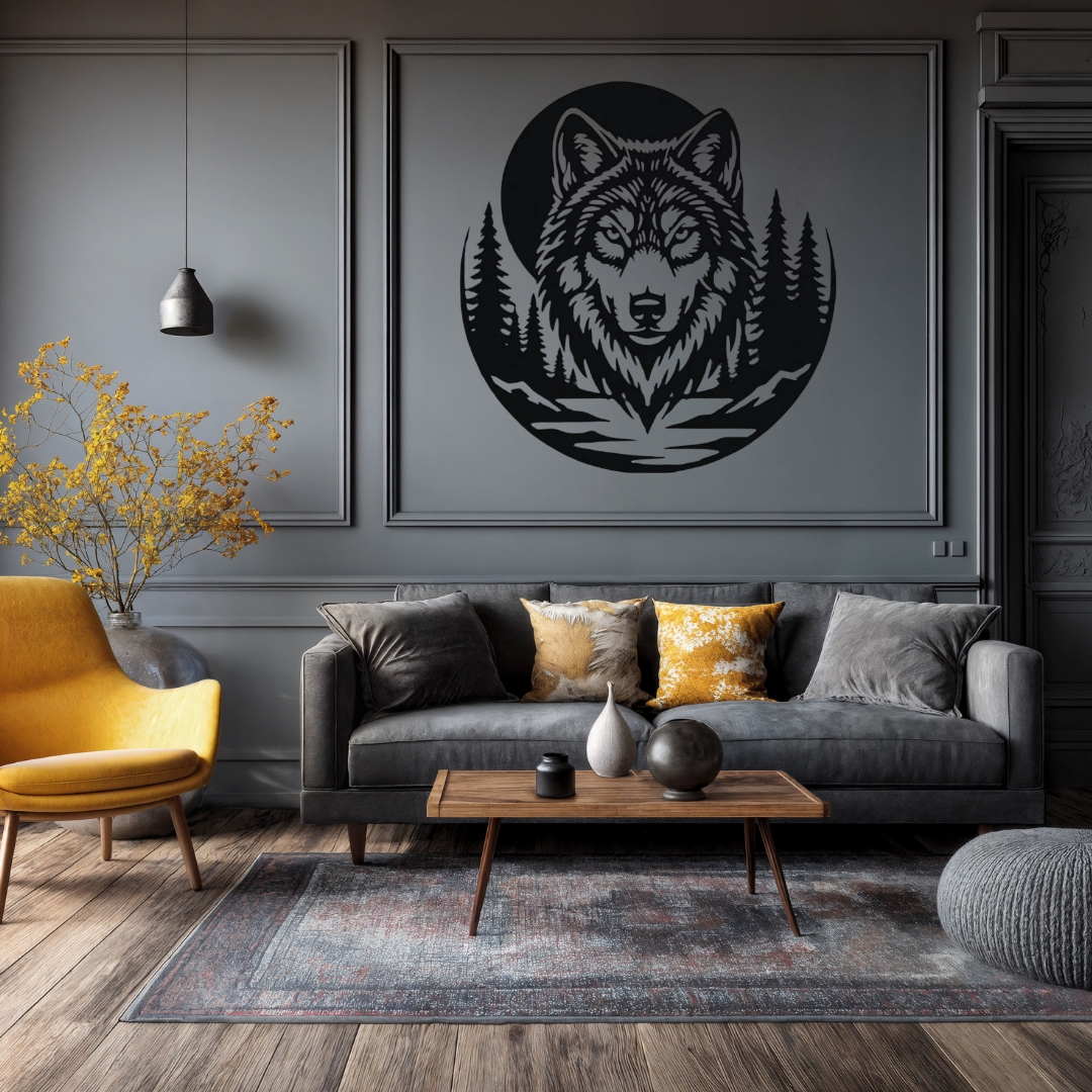 Lone Guardian | Wolf Metal Wall Art mounted above a sofa in a contemporary lounge.