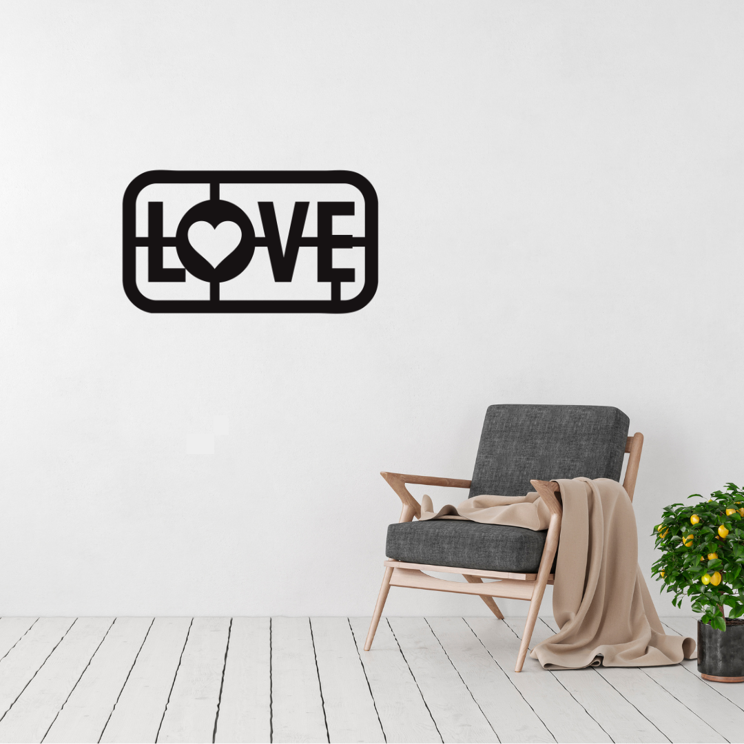 Love Always | Heart Typography Metal Wall Art displayed in a bright modern living room.