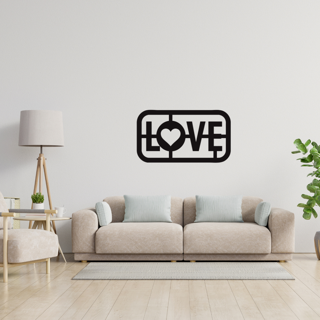 Love Always | Heart Typography Metal Wall Art showcased above a modern sofa in a contemporary living room.