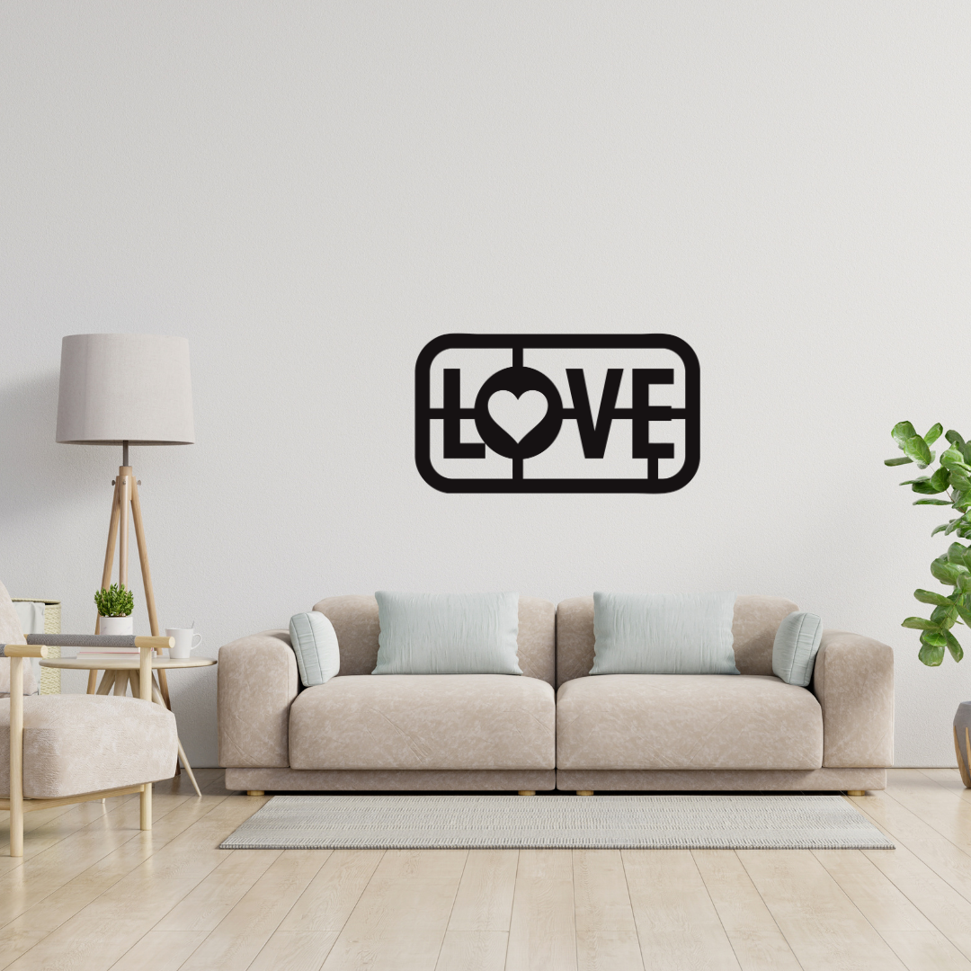 Love Always | Heart Typography Metal Wall Art showcased above a modern sofa in a contemporary living room.
