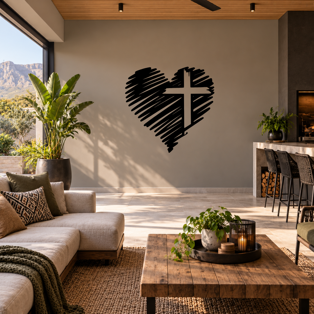Love and Faith heart cross metal wall art displayed in a modern prayer room with contemporary interior décor