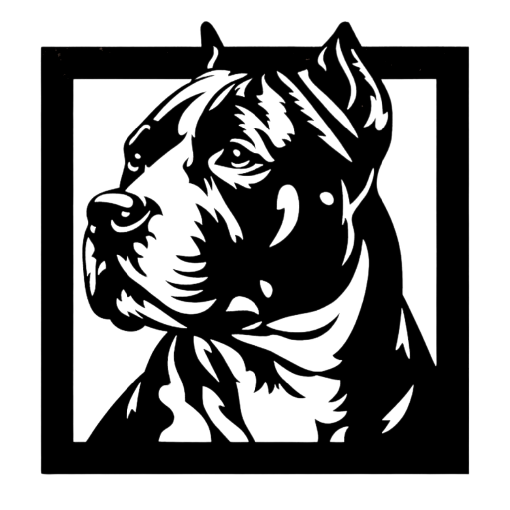 Loyal Guardian | Pitbull Terrier Square Frame Metal Wall Art featuring an intricate portrait of a Pitbull Terrier within a contemporary square metal frame, precision cut from black powder-coated steel.
