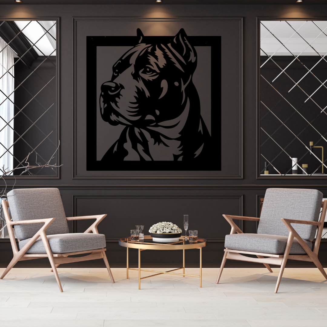 Loyal Guardian | Pitbull Terrier Square Frame Metal Wall Art showcased on a sophisticated feature wall, adding a bold statement with a detailed Pitbull Terrier portrait in a modern square metal design.