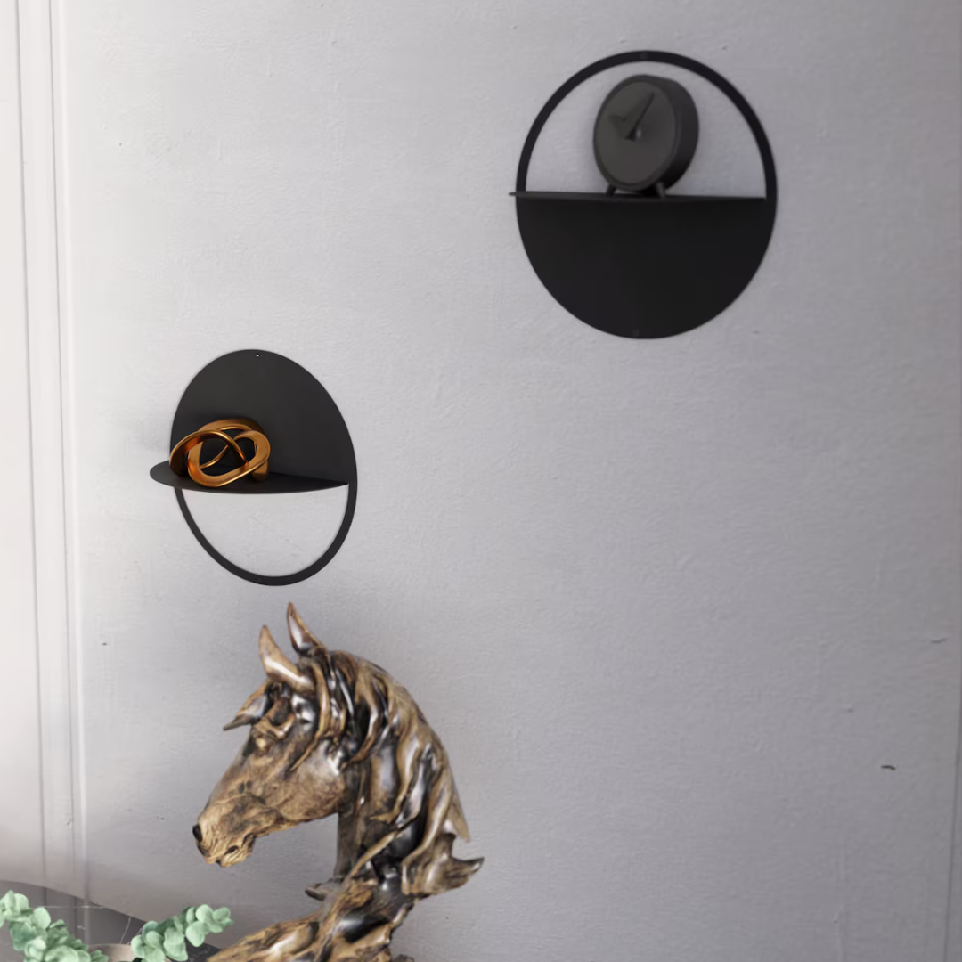 Modern round floating shelf used as decorative wall storage in a moden space