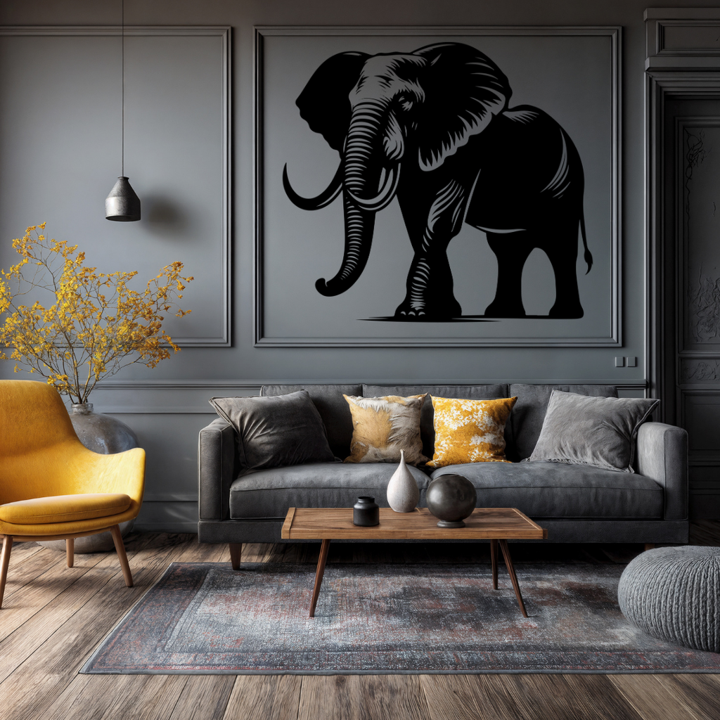 Majestic Elephant | Elephant Metal Wall Art showcased above a stylish sofa in a contemporary living room.