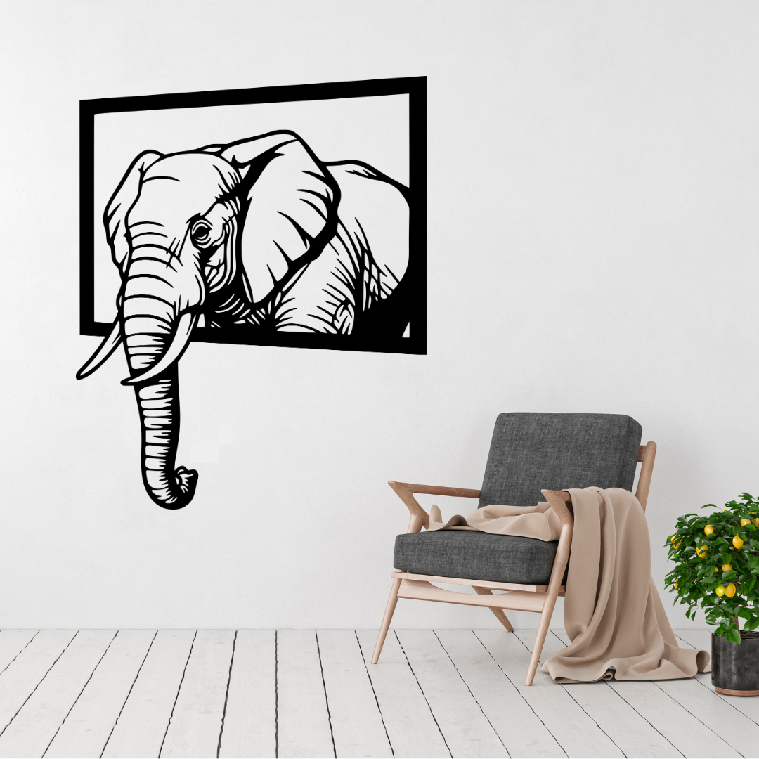 Majestic Escape | Elephant Frame Metal Wall Art displayed in a bright modern living room.