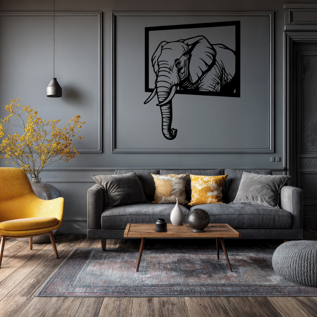Majestic Escape | Elephant Frame Metal Wall Art mounted on a sophisticated feature wall in a modern living space.