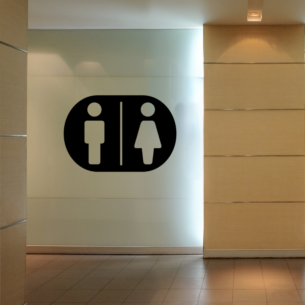 Male & Female Toilet Sign | Metal Bathroom Sign mounted on a contemporary restroom wall.