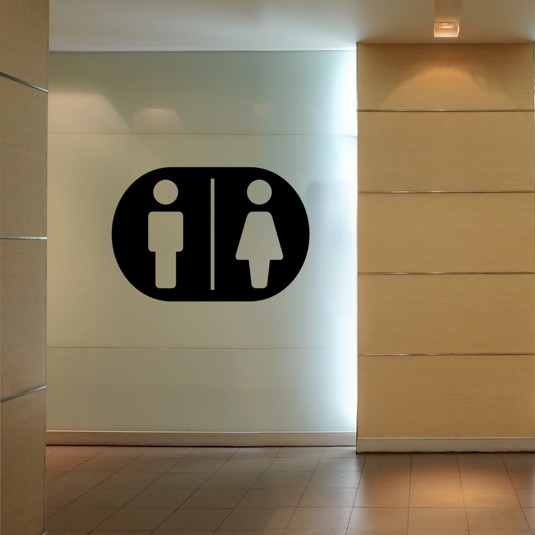 Male & Female Toilet Sign | Metal Bathroom Sign mounted on a contemporary restroom wall.