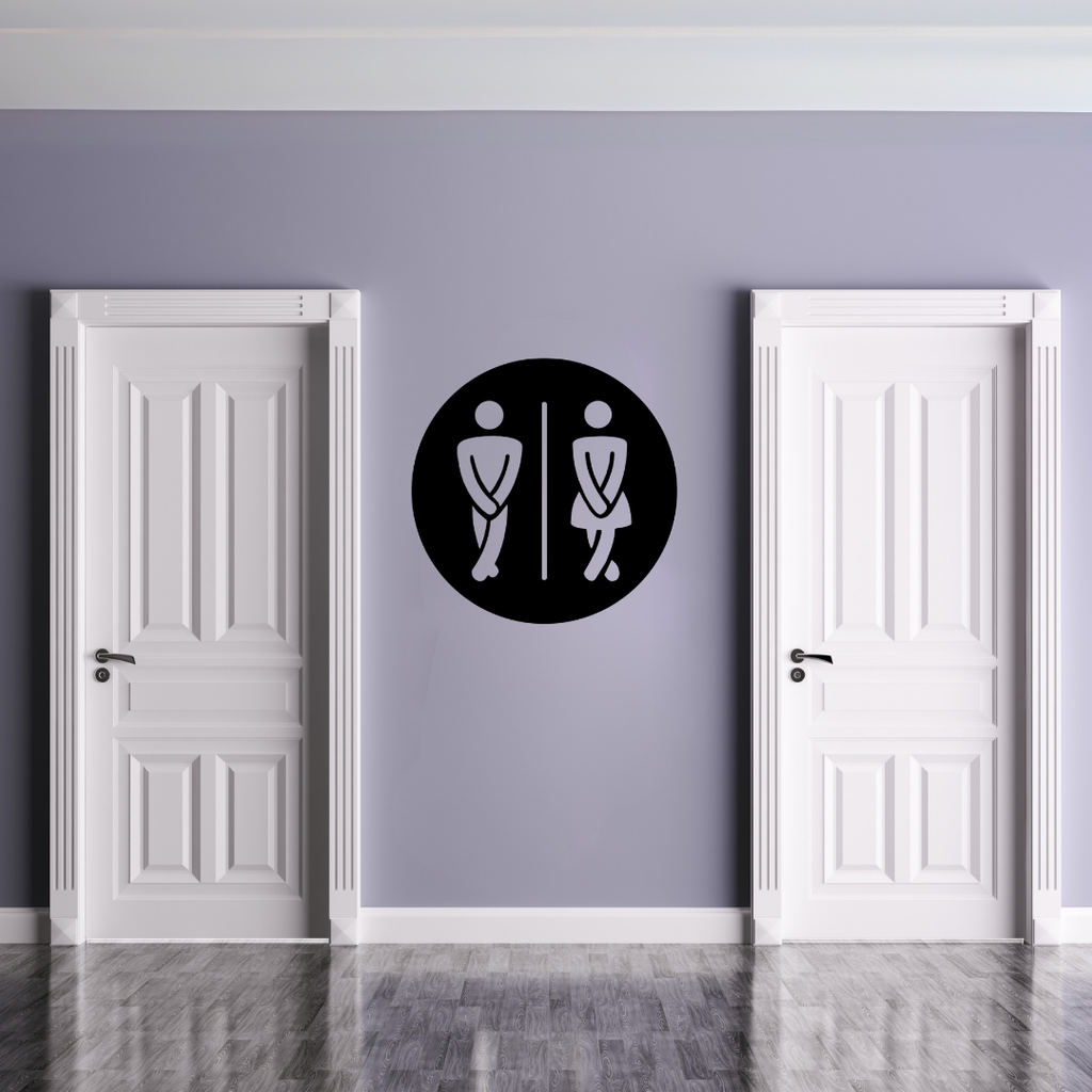 Male & Female Toilet Sign | Unisex Bathroom Sign displayed on a modern restroom wall between two white doors.