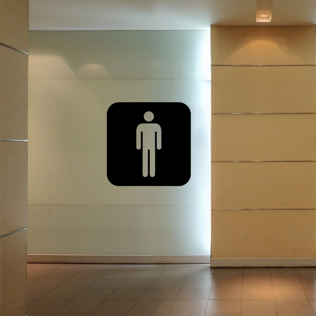 Male Toilet Symbol | Metal Bathroom Sign mounted on a contemporary restroom wall.