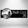 Maple Crescent personalised landscape metal house number sign featuring a Japanese garden with a pagoda, bridge, and cherry blossom branches.
