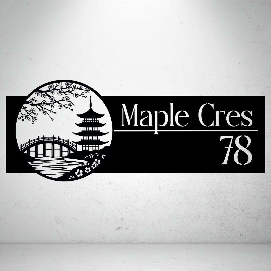 Maple Crescent personalised landscape metal house number sign featuring a Japanese garden with a pagoda, bridge, and cherry blossom branches.