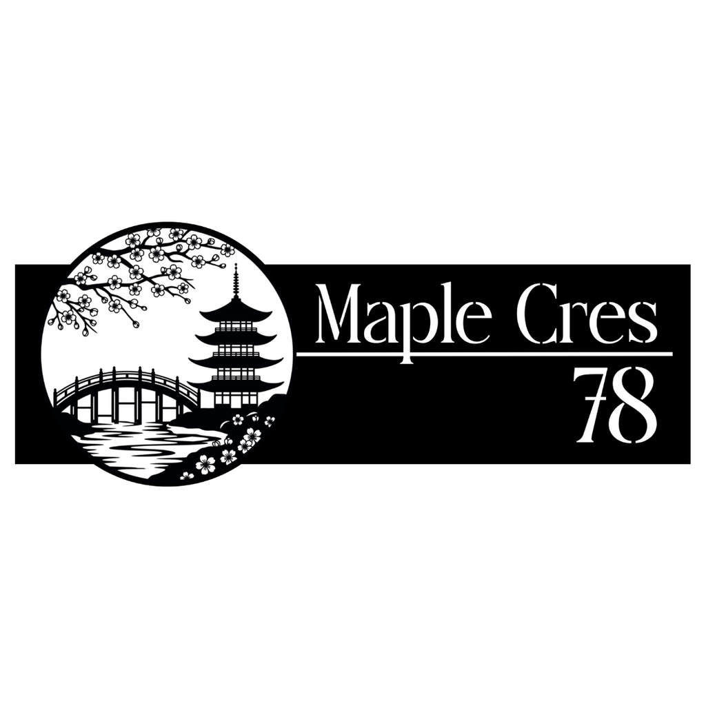 Close-up of the Maple Crescent custom laser-cut steel house number plaque with Japanese-inspired landscape artwork.