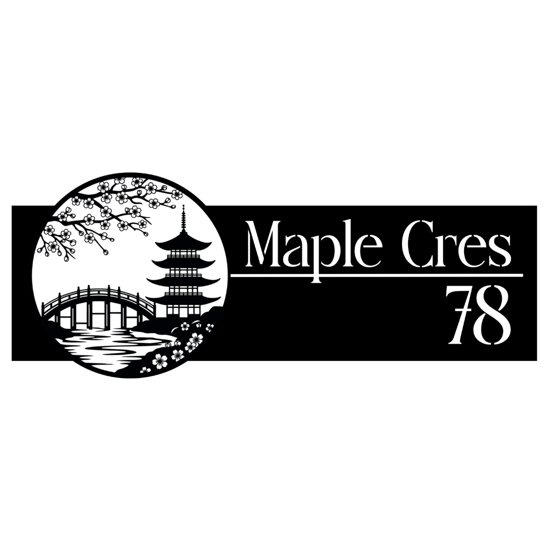 Close-up of the Maple Crescent custom laser-cut steel house number plaque with Japanese-inspired landscape artwork.