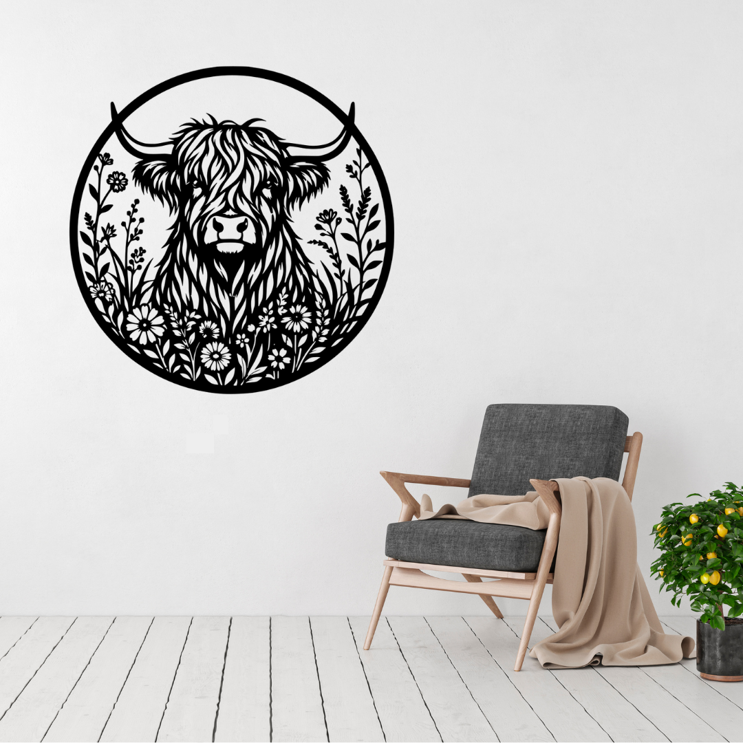 Meadow Majesty Highland cow metal wall art displayed above a contemporary chair in a modern interior