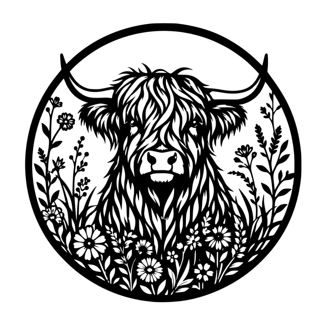 Meadow Majesty Highland cow metal wall art isolated on a white background showing a shaggy Highland cow surrounded by wildflowers