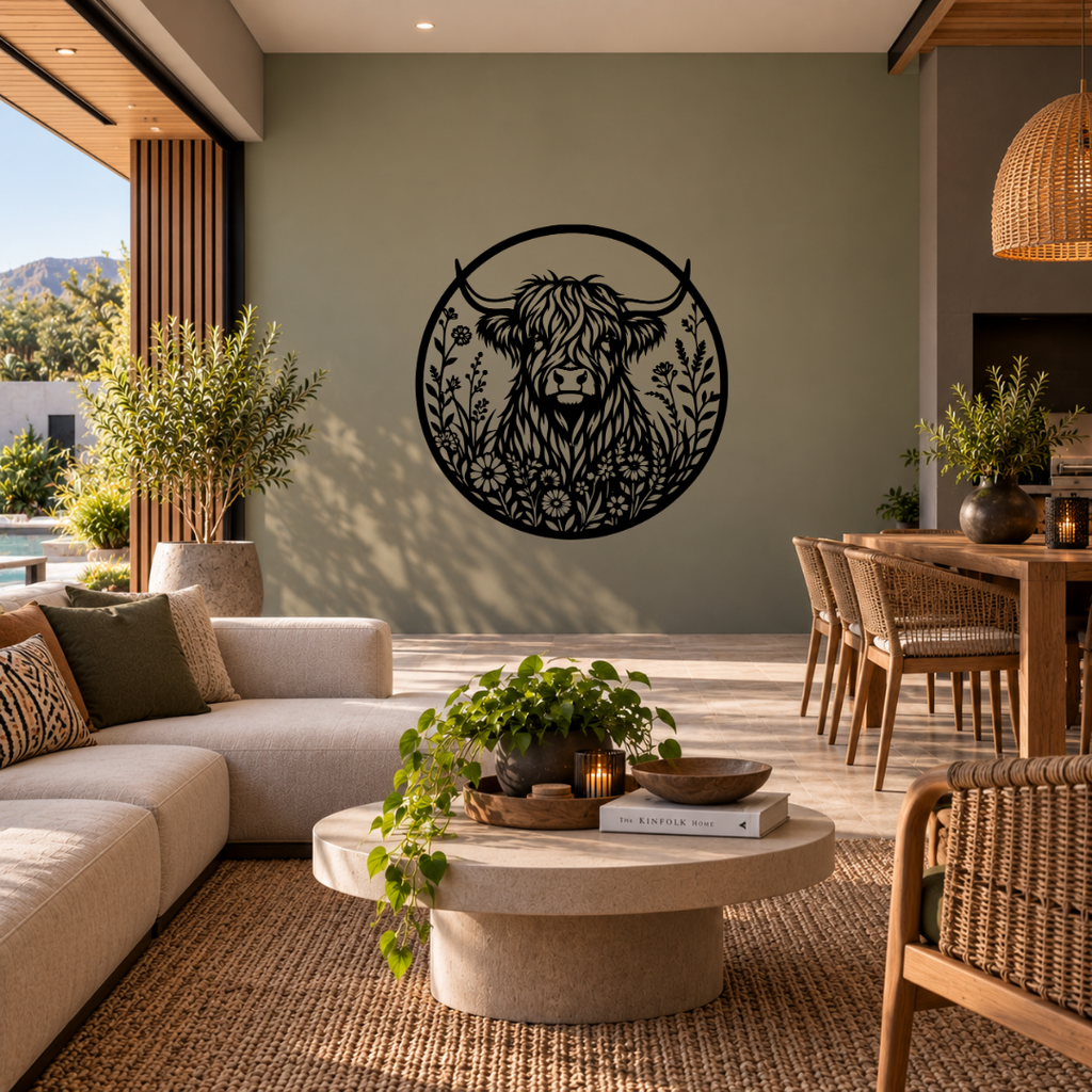 Meadow Majesty Highland cow metal wall art displayed in a modern room with contemporary interior décor