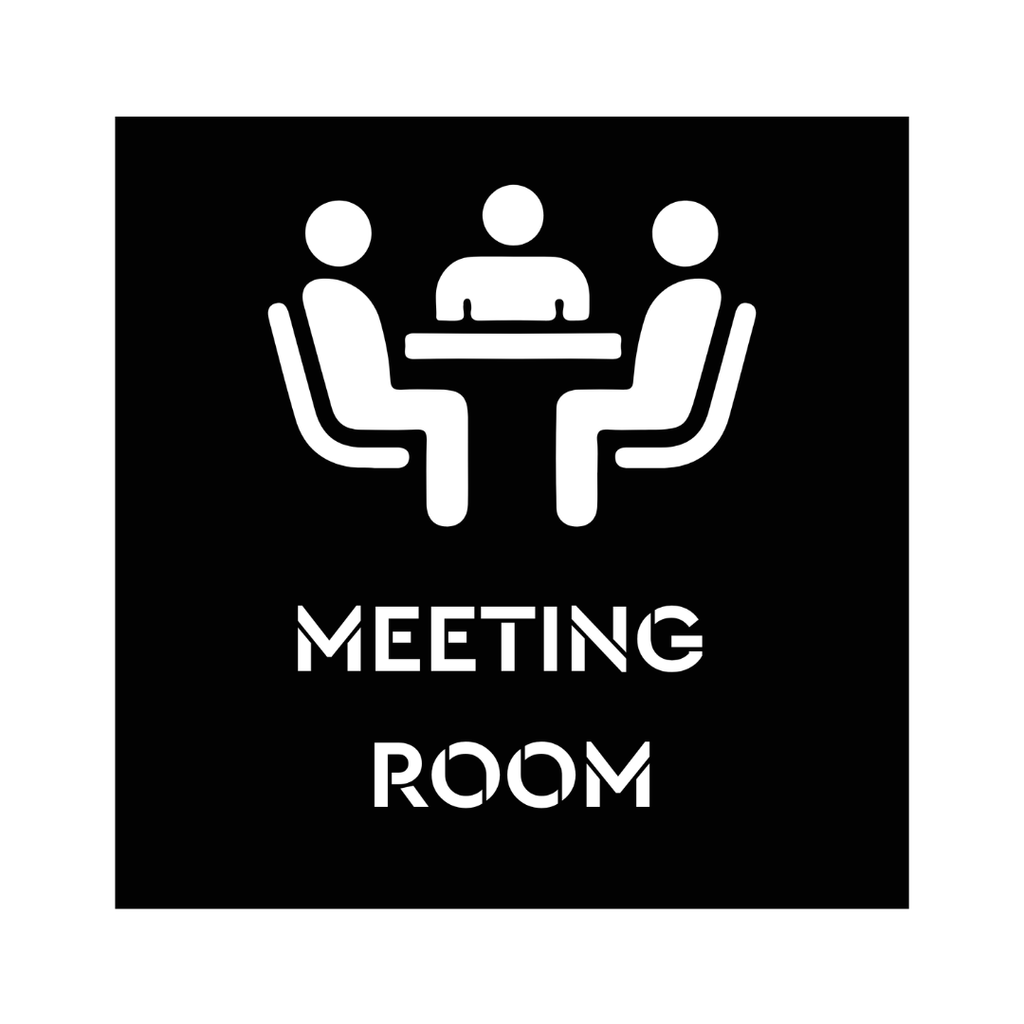 Close-up of the Meeting Room metal office sign showcasing a minimalist meeting symbol and precision laser-cut lettering.