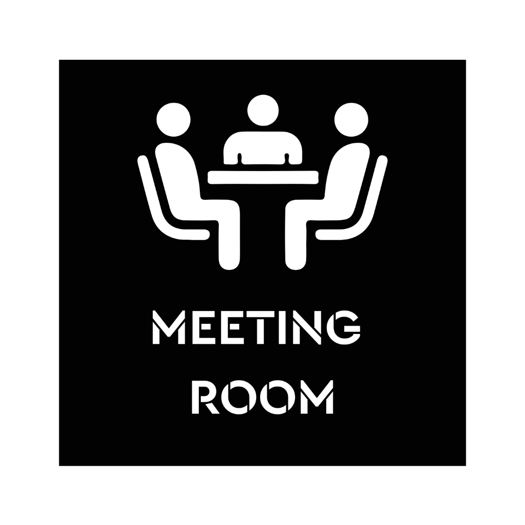 Close-up of the Meeting Room metal office sign showcasing a minimalist meeting symbol and precision laser-cut lettering.