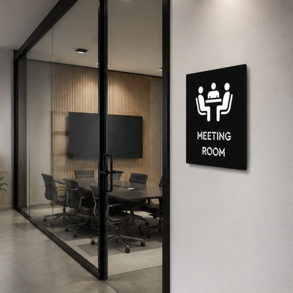 Meeting Room metal sign mounted beside a contemporary glass conference room entrance in a modern office environment.