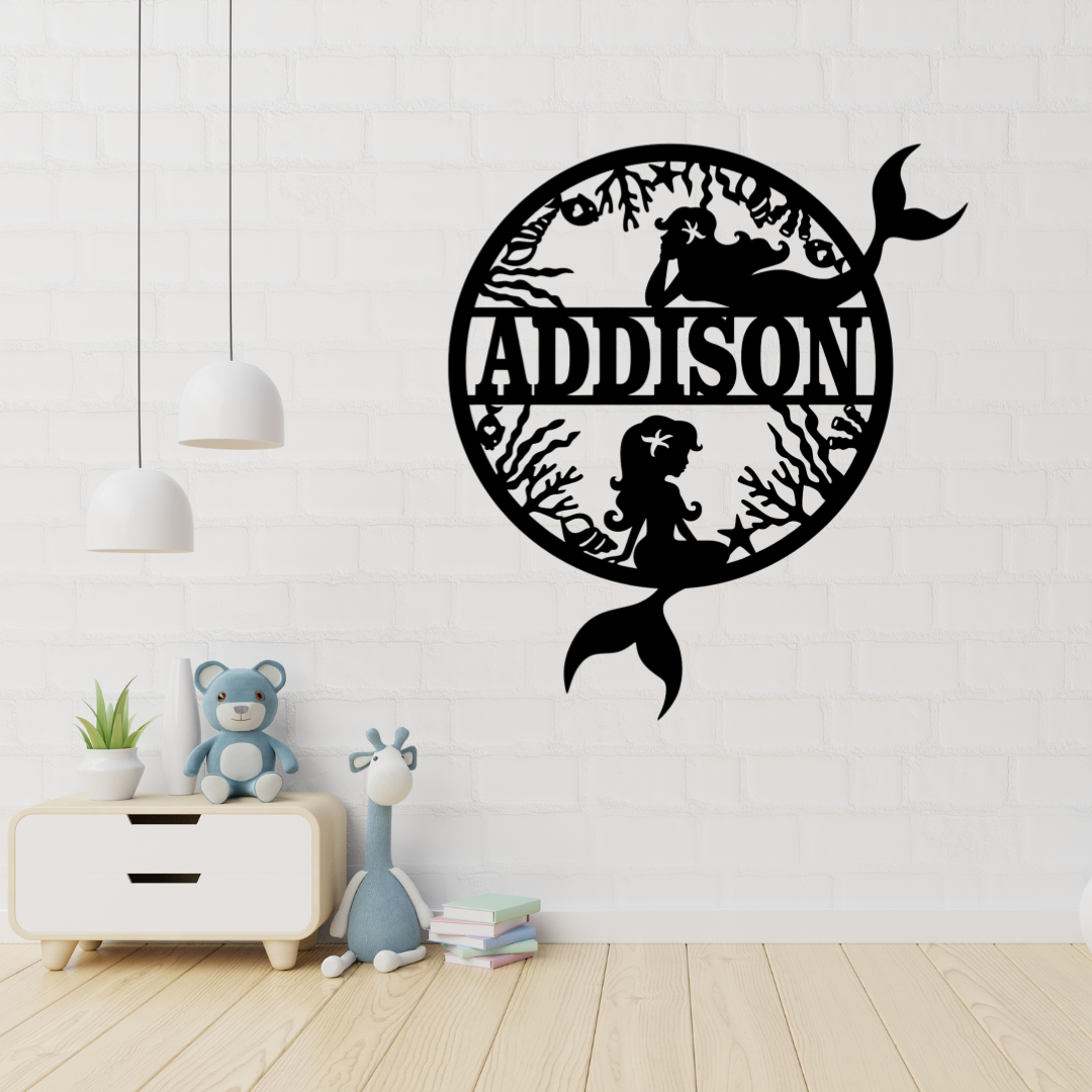 Mermaid wall art displayed in a magical ocean-themed girls bedroom