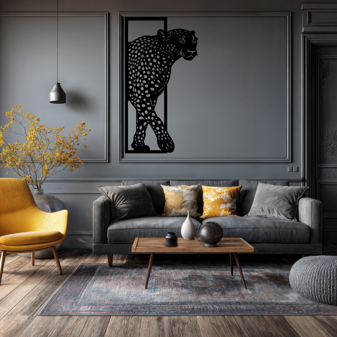Midnight Stalker | Leopard Metal Wall Art mounted in a sophisticated contemporary living room.