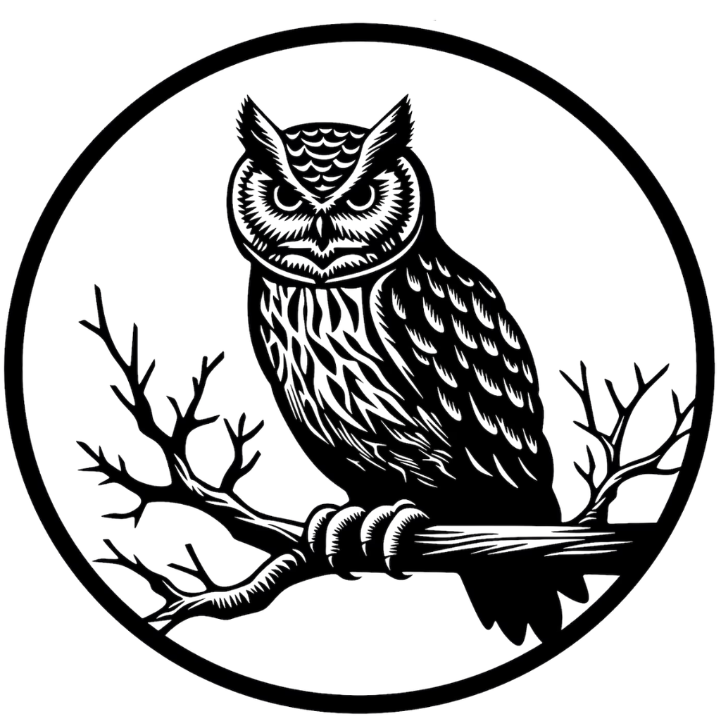 Midnight Watcher | Owl Metal Wall Art showcasing an intricately detailed owl resting on a bare tree branch inside a minimalist circular frame.
