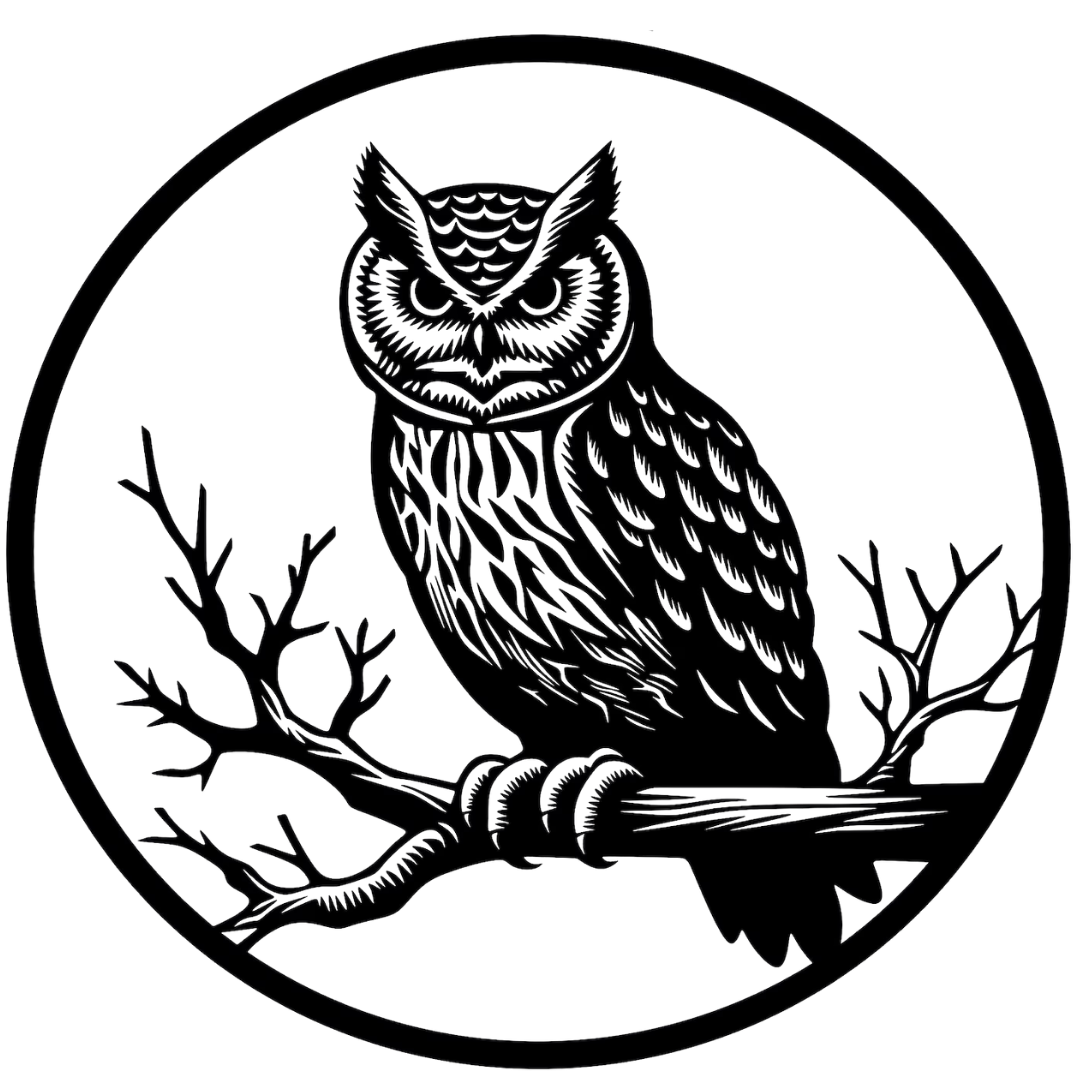 Midnight Watcher | Owl Metal Wall Art showcasing an intricately detailed owl resting on a bare tree branch inside a minimalist circular frame.