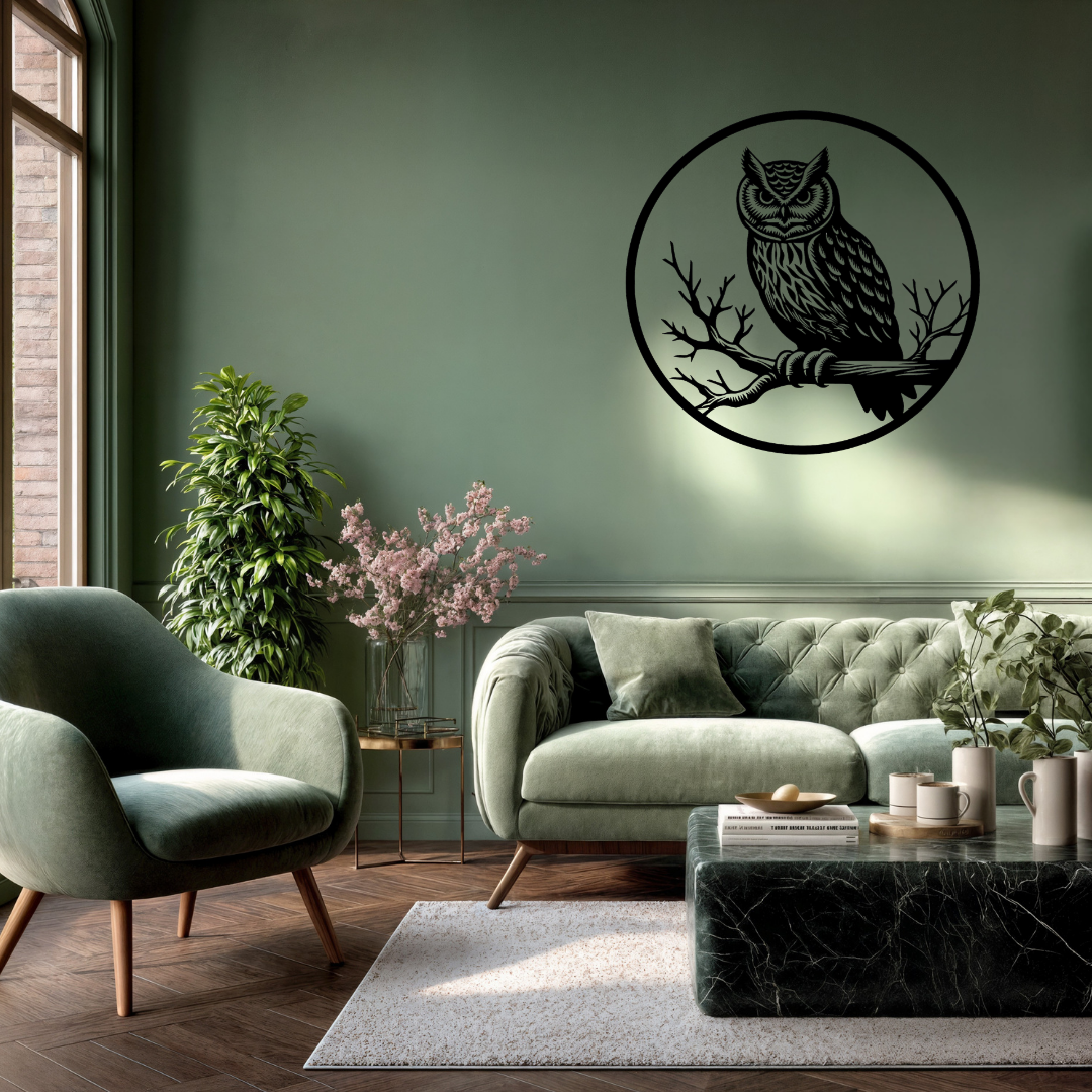 Midnight Watcher | Owl Metal Wall Art showcased in a sophisticated lounge, highlighting a finely crafted laser cut owl perched among tree branches within a circular steel design.