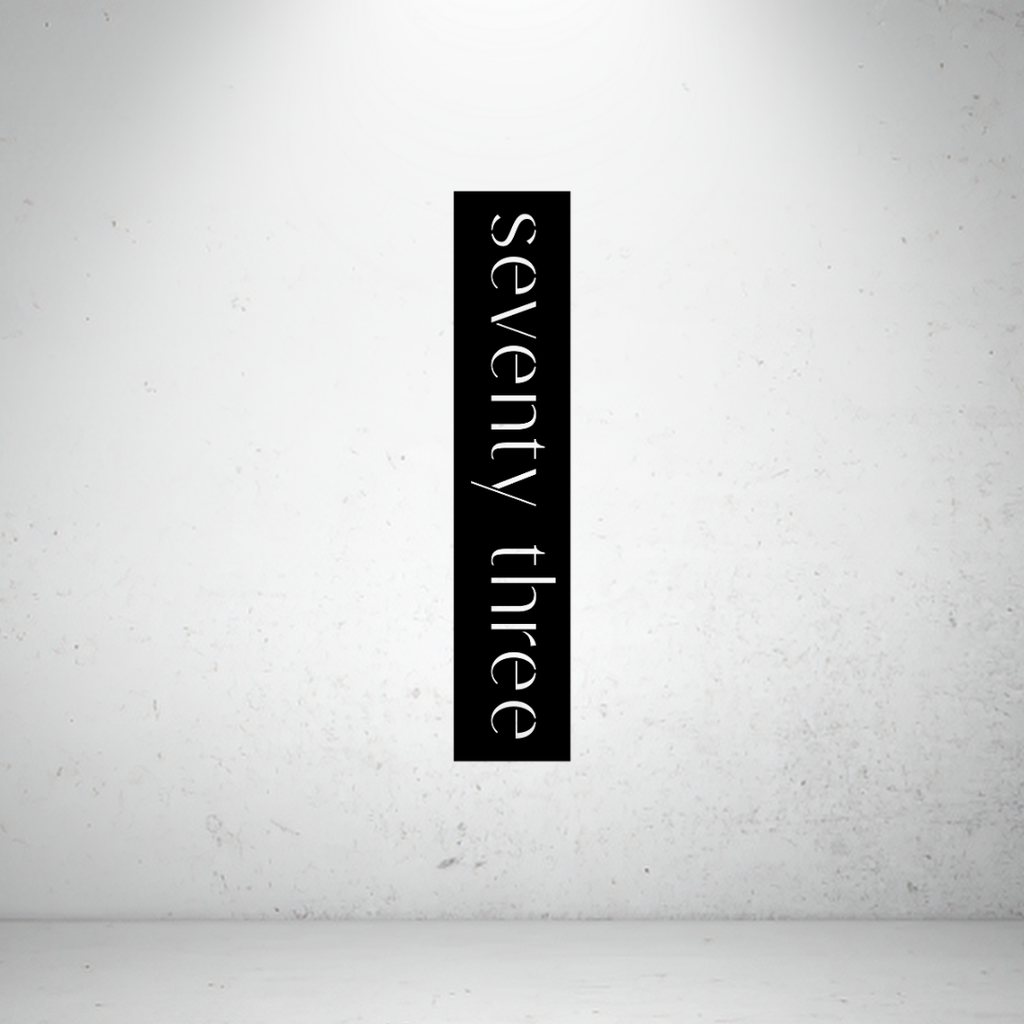 Minimalist vertical metal address sign featuring a custom street or property name cut into a slim black steel panel.
