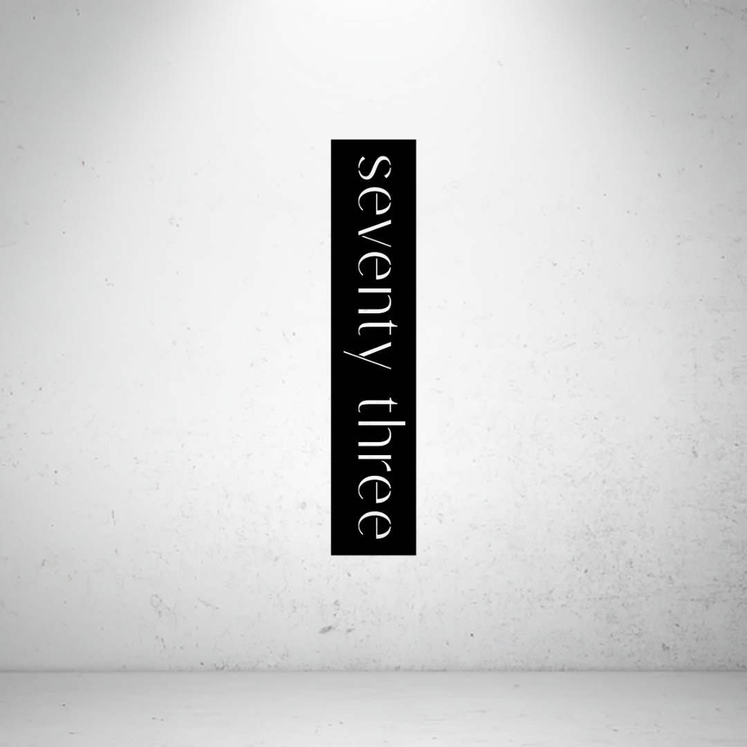 Minimalist vertical metal address sign featuring a custom street or property name cut into a slim black steel panel.