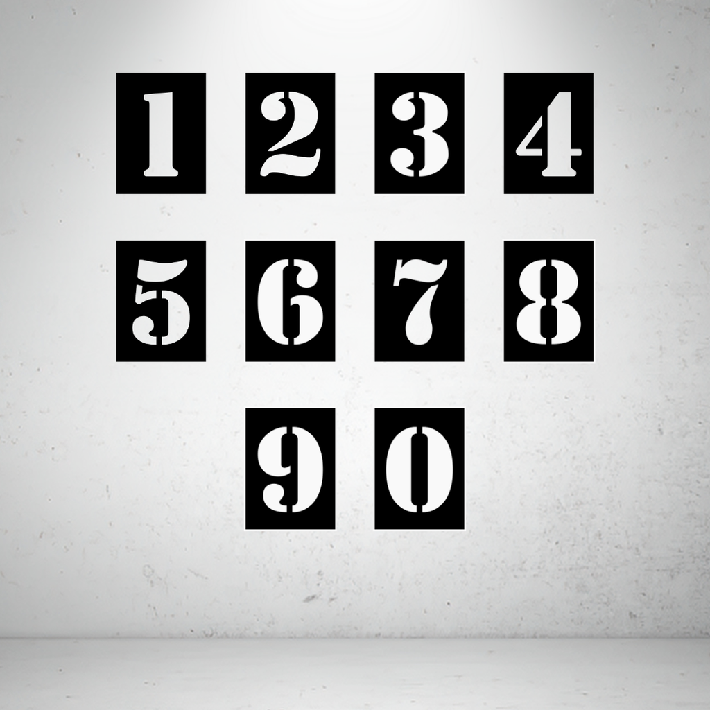 Modern Split Stencil Metal House Number Collection featuring individual laser-cut steel numbers from 0 to 9.