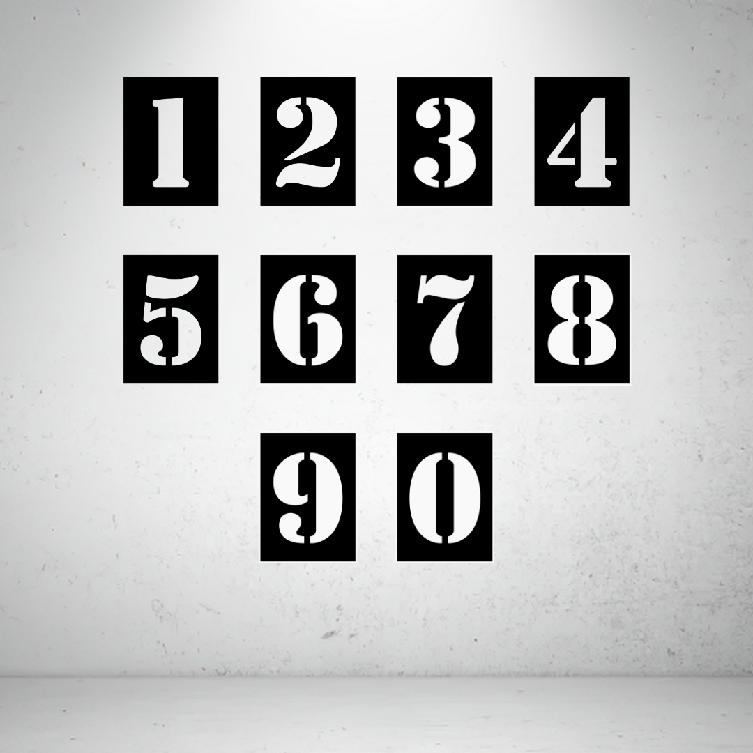 Modern Split Stencil Metal House Number Collection featuring individual laser-cut steel numbers from 0 to 9.