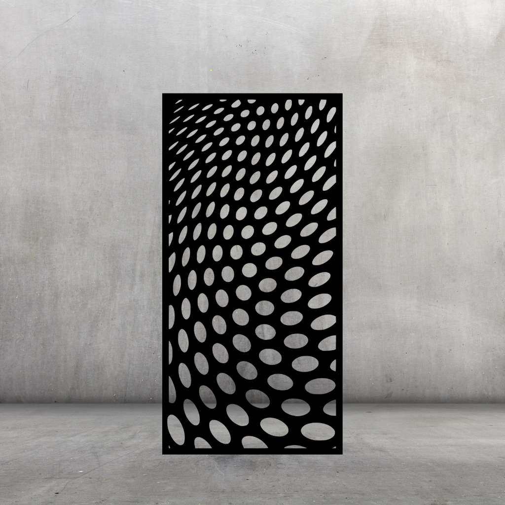 Modern Illusion decorative metal privacy screen displayed against a dark grey wall with bold geometric optical illusion pattern