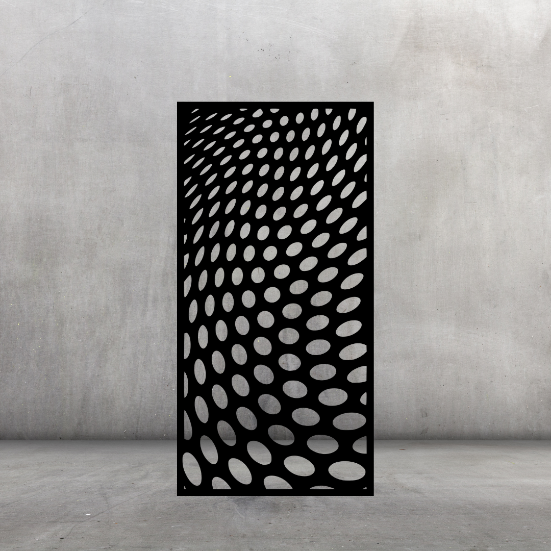 Modern Illusion decorative metal privacy screen displayed against a dark grey wall with bold geometric optical illusion pattern