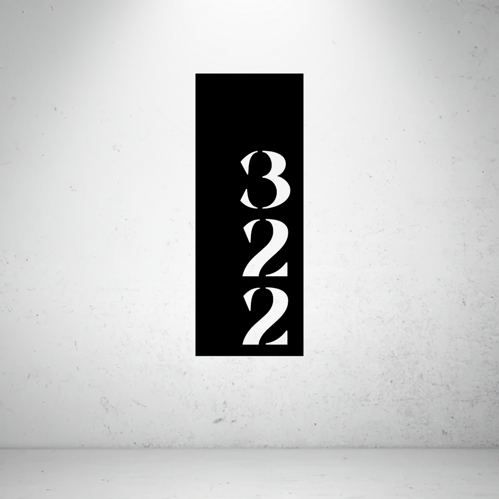 Modern vertical metal house number sign featuring a minimalist stacked address number design.
