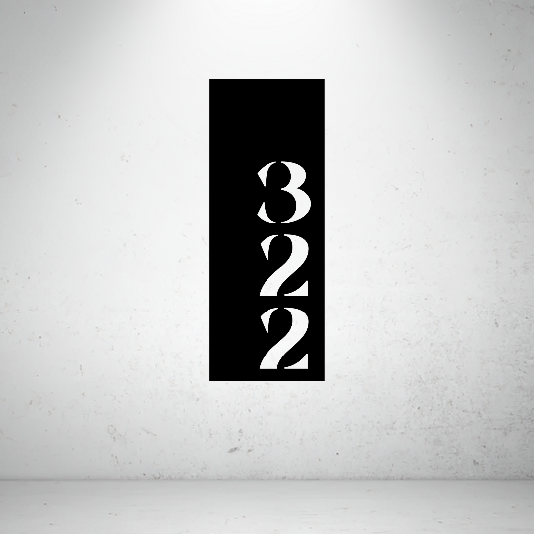 Modern vertical metal house number sign featuring a minimalist stacked address number design.
