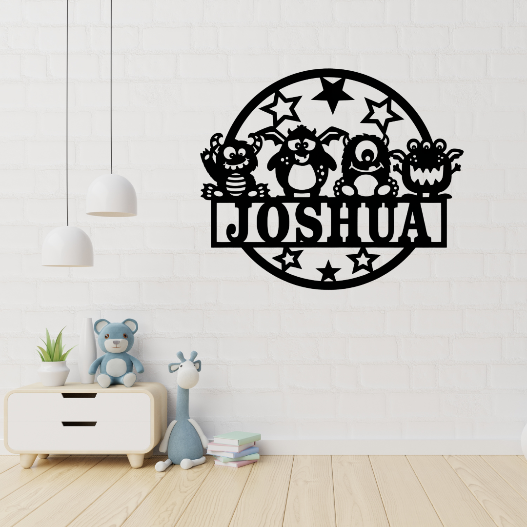 Fun monster metal wall art displayed in a colourful playroom