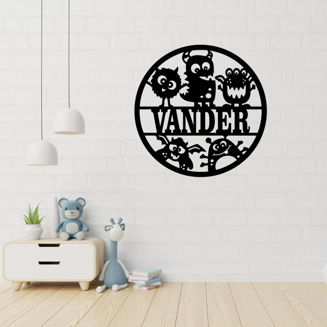 Playful monster wall art displayed in a colourful nursery space