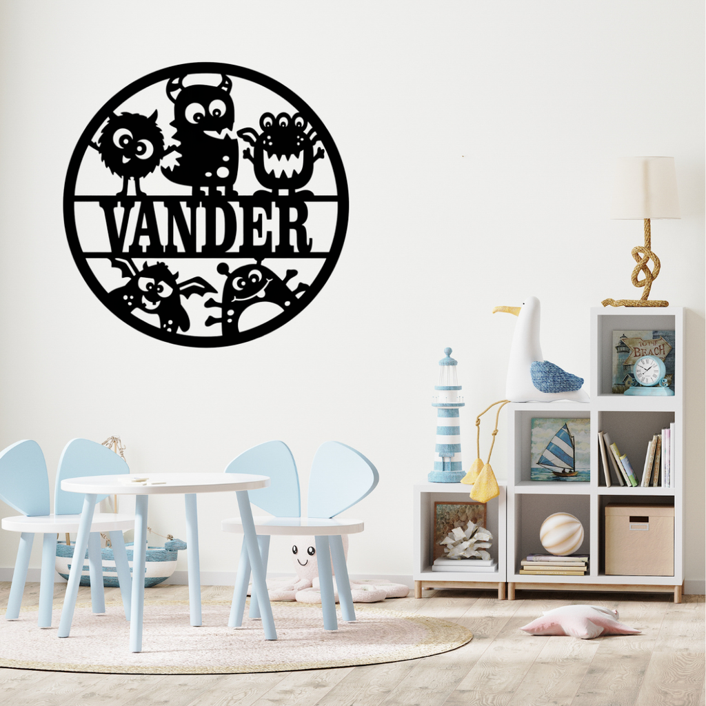 Monster-themed décor styled in a vibrant kids playroom