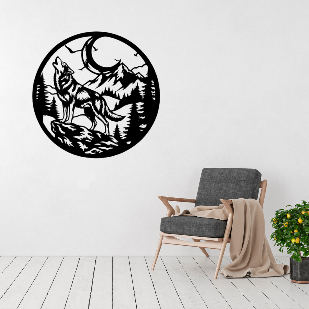 Circular wolf metal wall art featuring a howling wolf beneath a crescent moon with mountains and pine trees displayed in a modern living room.