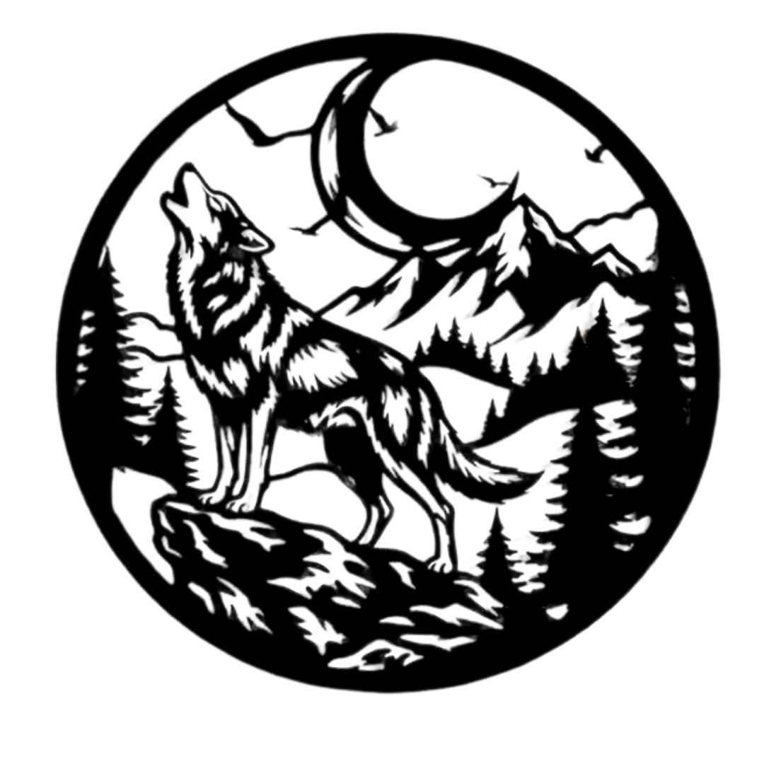Detailed laser-cut wolf metal wall art showcasing a howling wolf, mountain landscape, forest, and crescent moon in a circular design.