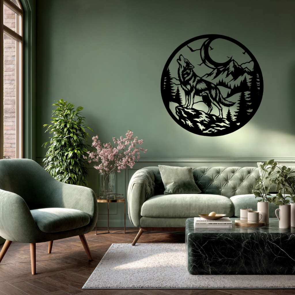 Rustic wolf-themed metal wall art with a mountain wilderness scene creating a striking focal point in a contemporary home interior.