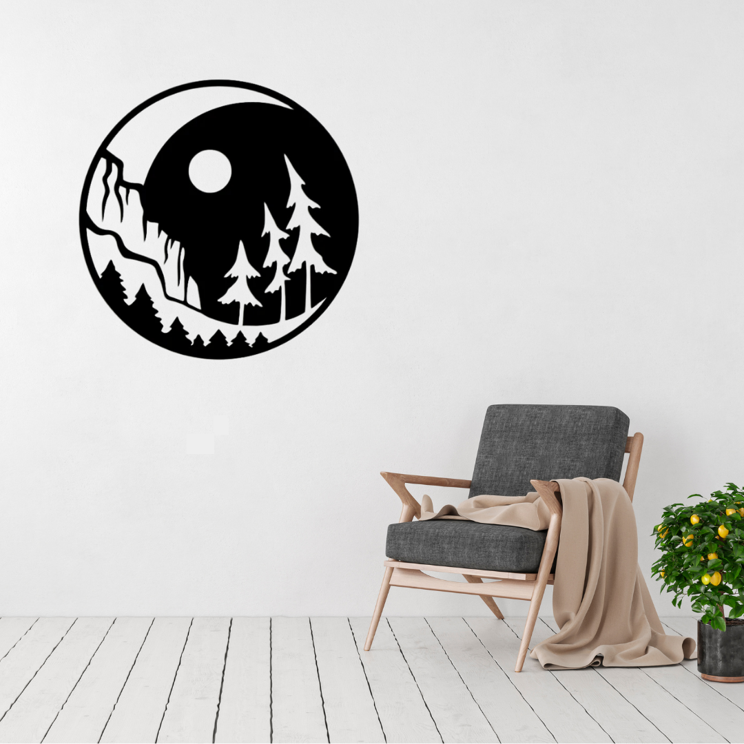 Moonlit Mountain Escape nature metal wall art displayed above a modern lounge chair, featuring a mountain landscape with pine trees beneath a full moon.