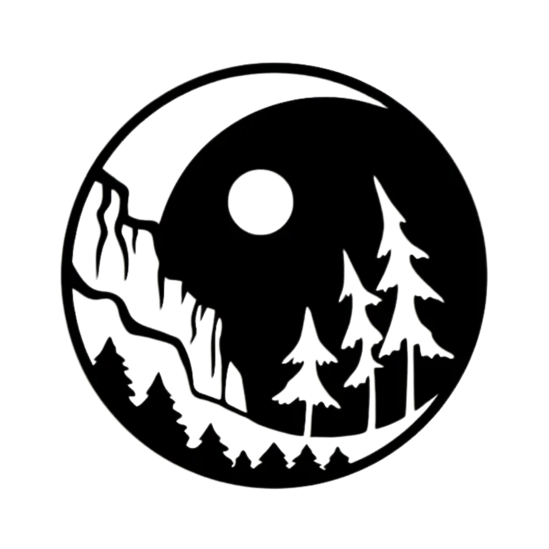 Close-up of the Moonlit Mountain Escape laser-cut metal wall art showcasing mountain cliffs, evergreen trees, and a moonlit circular landscape.