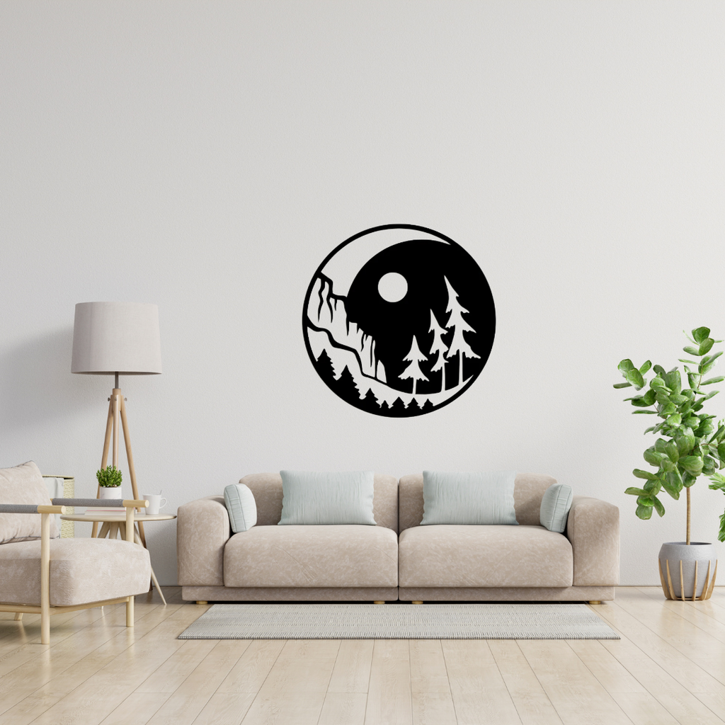 Moonlit Mountain Escape nature metal wall art mounted above a modern sofa, creating a peaceful mountain-inspired focal point in a contemporary living room.
