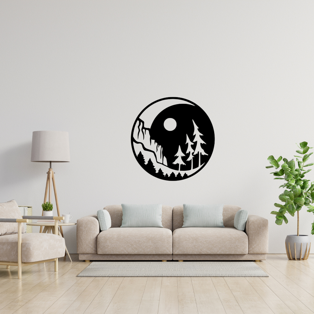 Moonlit Mountain Escape nature metal wall art mounted above a modern sofa, creating a peaceful mountain-inspired focal point in a contemporary living room.